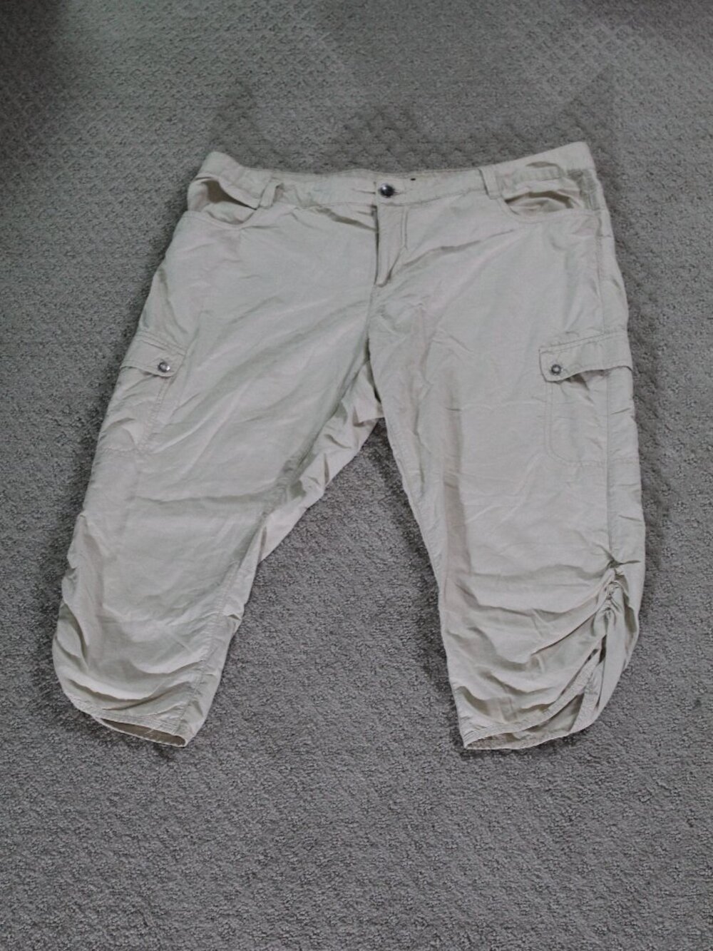 Woolrich Sz 12 Beige Lightweight Cotton Blend Mid Rise Cropped Ruched Hem Pants